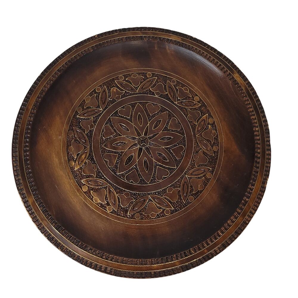 Vintage Polish Folklore Hand-Carved 11.75" Wooden Plate w/ Brass Wire Inlay Rare